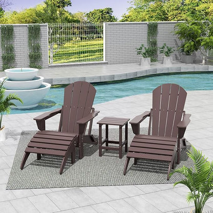 WestinTrends Malibu Outdoor Lounge Chairs Set, 5-Pieces Adirondack Chair Set of 2 with Ottoman and Side Table, All Weather Poly Lumber Patio Lawn Folding Chair for Outside, Dark Brown