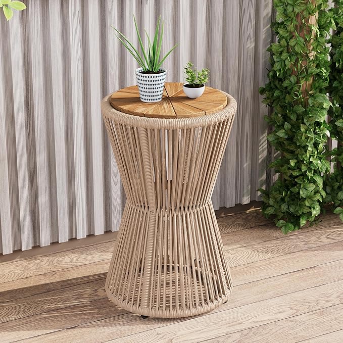 Christopher Knight Home Nara 25.8" Acacia Wood Outdoor Side Table, Hourglass Shaped with Metal Frame+Woven Rope, Outdoor Coffee Table, Garden Plant Stand Indoor, No Assembly Needed, Beige+Light Teak