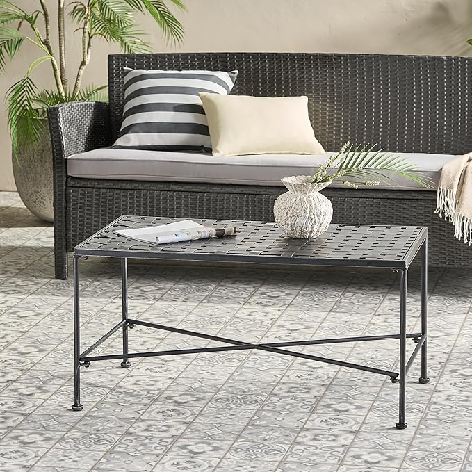 36" Iron Simple Outdoor Rectangular Coffee Table, Modern Courtyard Furniture, Iron Hollowed-Out Grid Surface - Photo 1