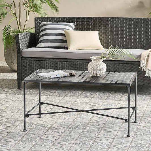 36" Iron Simple Outdoor Rectangular Coffee Table, Modern Courtyard Furniture, Iron Hollowed-Out Grid Surface, Suitable for Placement in The Living Room or Courtyard