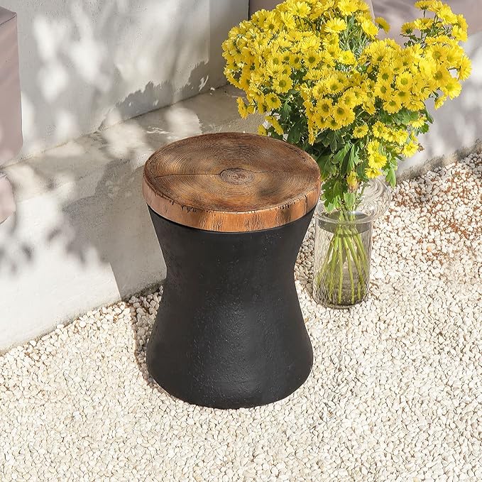 COSIEST Outdoor End Table, Drum Side Table Faux-Wood Top, Black Base with Tree Trunk Slice Hand Painted, Accent Stool, Plant Stand (Hourglass)