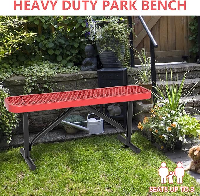 Park Benches for Outside, 72" L Red Metal Backless Bench Weatherproof Porch Furniture Patio Seating, Commercial Heavy Duty Bench for Outside, Lawn, Backyard, Park, Deck, Garden, Patio, School