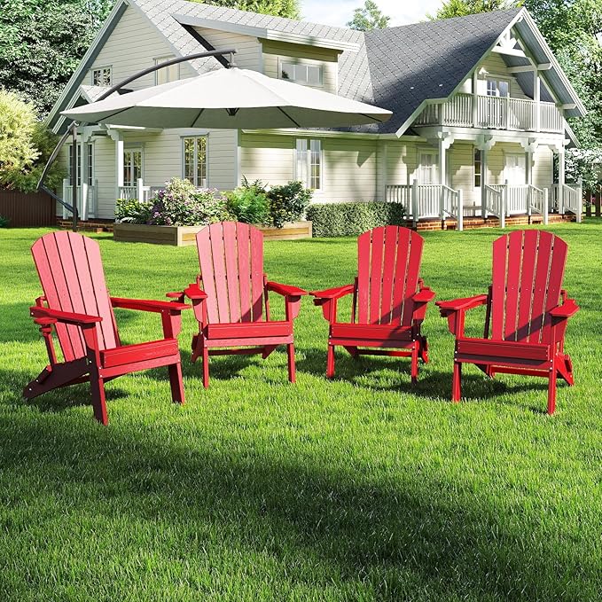 Folding Adirondack Chair Set of 4，Wooden Textured Fire Pit Chair with Cup Holder, Heavy All-Weather HDPE Plastic Outdoor Patio Chairs for Poolside Backyard Patio Outdoor Garden
