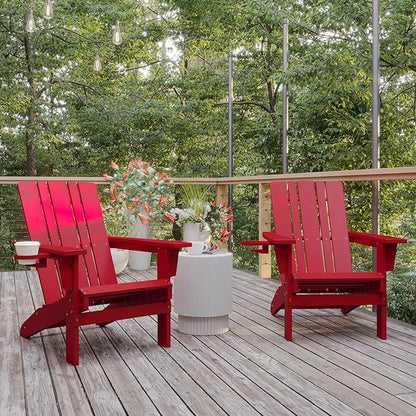 Flash Furniture Halifax Adirondack Chairs with Cup Holders, Weather Resistant Poly Resin Adirondack Chairs, Set of 2, Red
