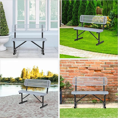 4 Ft Metal Park Bench for Outside, All-Weather Thermoplastic Coating Outdoor Bench with Backrest, Commercial Heavy Duty Benches for Shopping Malls, Stores, Parks, Patios, Decks, Grey