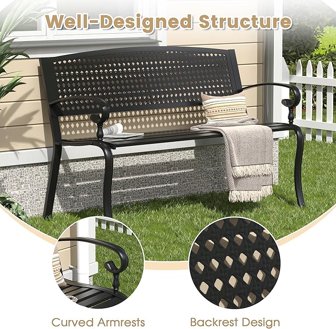 VICLLAX Outdoor Garden Bench, Metal Frame Patio Bench with Twist Circle Design Backrest for Porch Yard Lawn Deck, Black