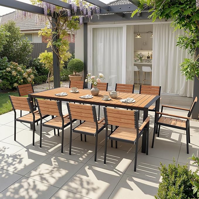 Crestlive Products 95" Outdoor Dining Table for 10, Aluminum Patio Dining Table with Umbrella Hole Weather-Resistant Rectangle Outside Table for Garden Backyard Deck, Brown