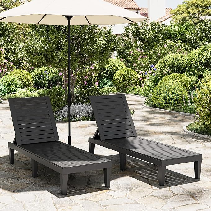 NUNU LAB Outdoor Chaise Lounge Chair Set of 3（2 of Chair and 1 of Side Table）,Waterproof Patio Lawn Chairs Lounge Outside,5-Positions Adjustable Pool Lounge Chair for Garden Beach Poolside,Black