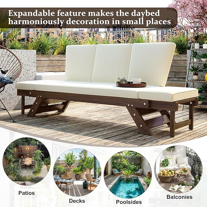 Merax Patio Sofa, Outdoor Adjustable Wooden Daybed, Chaise Lounge with Cushions, Beige