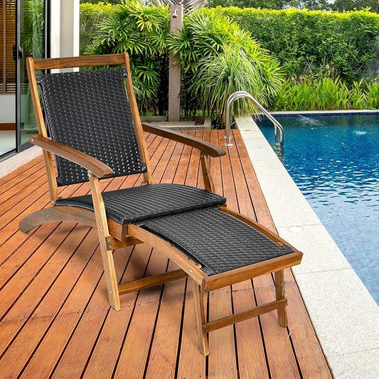 Tangkula Patio Lounge Chair Chaise, Adjustable Backrest Ergonomic Shape with Durable Handwoven Rattan Steel Frame Garden Lawn Pool Recliner Outdoor Furniture Wicker Lounger