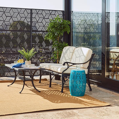 Glitzhome Set of 2 Outdoor Side Table with Leaf Pattern Solar Powered Light, 18.25" H Iron Cutout Drum Garden Stool Solar Decorative Lanterns, Metal End Table Plant Stand for Indoor Outdoor, Blue