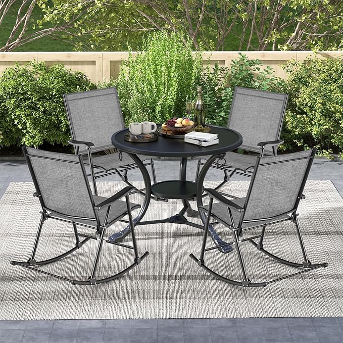 Tangkula Folding Rocking Chairs Set of 4, Patio Rockers with Breathable Seat Fabric & Sturdy Metal Frame, Smooth Rocking Motion, Heavy-Duty Outdoor Rocker for Backyard, Front Porch, Poolside