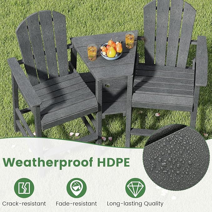 Giantex Outdoor Tall Adirondack Chairs Set of 2, HDPE Adirondack Bar Stools w/Double Connecting Tray, Umbrella Hole, High Backrest, All-Weather Balcony Chair, Patio Barstools for Garden Lawn (Gray)