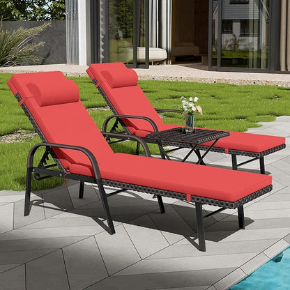 Patio Chaise Lounge Set 3 Pieces Outdoor Lounge Chair with Rattan Adjustable Backrest Armrest and Folding Table for Beach Patio,Sand, for Poolside Backyard Porch