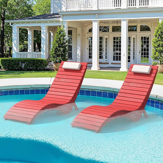 Pool Lounge Chairs Set of 2 - Anti-Floating HDPS Design for Pools & Backyard Sun Decks, Weighted Pool Chairs and Lounges for Poolside or Outside, Includes Headrest, Bright Red