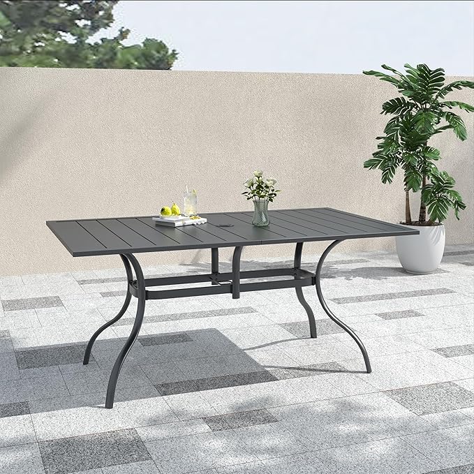 Rectangle Outdoor Patio Dining Table with Adjustable Umbrella Hole for 6 Person - 63" x 38" x 28"