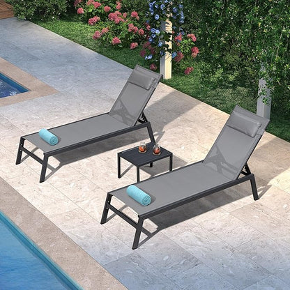 PURPLE LEAF Outdoor Lounge Chair Set Aluminum Patio Chaise Lounger with Side Table and Pillow for Outside Pool Beach Sunbathing Tanning Recliner Grey
