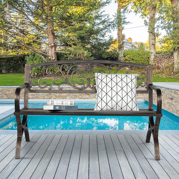 50in Outdoor Garden Park Bench,2-Person Patio Metal Bench,All-Weather Metal Yard Benches,Outside Loveseat Park Bench,with Butterfly Back and Armrests,for Patio, Lawn, Poolside, Entryway (Bronze)