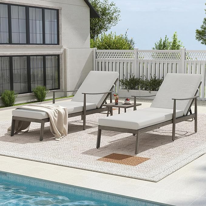 HAPPATIO Outdoor Chaise Lounge Set of 3, Aluminum Pool Chair with Adjustable Backrest and Cushion, Curved Armrest, Outdoor Lounge Chairs with Side Table for Beach, Yard, Poolside (Grey)