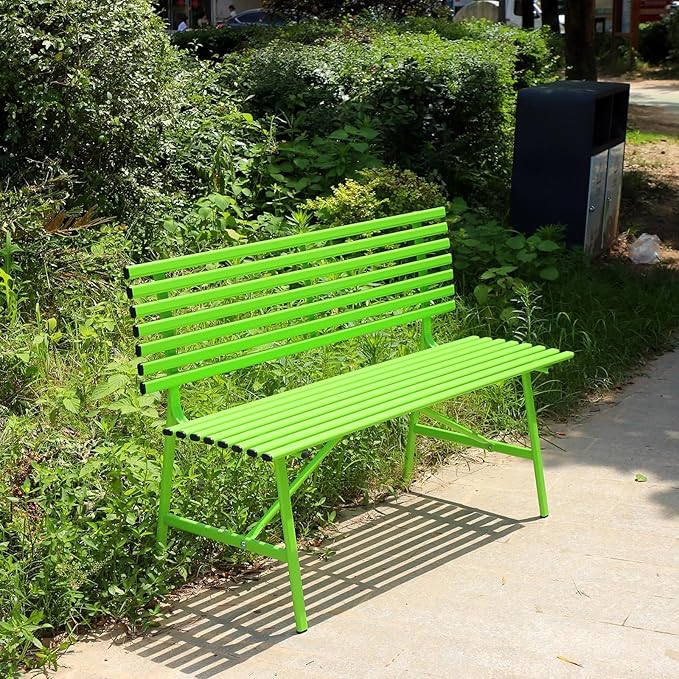Outdoor Metal Garden Bench, Slatted Seat & Backrest, All-Weather Powder-Coated, 2-Person Patio Seating, 660lbs Capacity, Perfect for Porch, Backyard & Park (Green)