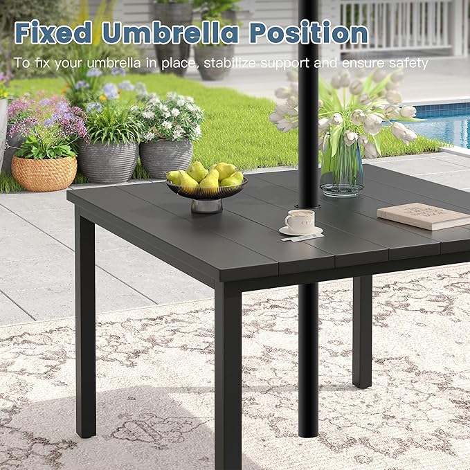DIFY 40.2" Square Outdoor Dining Table for 4, Slatted Metal Patio Table with Adjustable Umbrella Hole - Photo 5