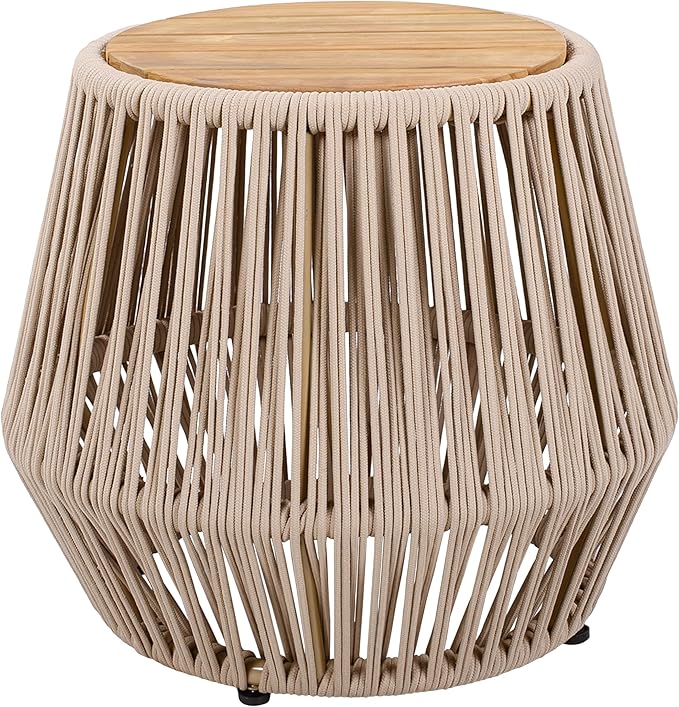 Merax Bohemian Round Outdoor Side Table with Acacia Wood Top and Beige Handwoven Rope Base, Boho Patio Coffee Table for Garden, Pool, Deck, Balcony, Yard