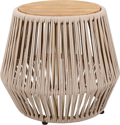 Merax Bohemian Round Outdoor Side Table with Acacia Wood Top and Beige Handwoven Rope Base, Boho Patio Coffee Table for Garden, Pool, Deck, Balcony, Yard