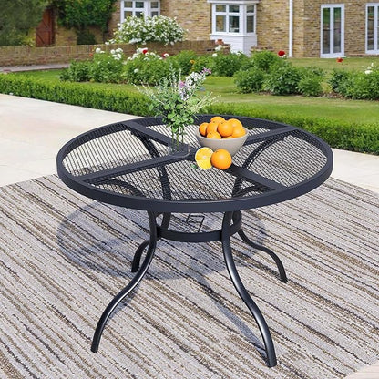 Round Patio Dining Table,All-Weather Metal Steel Mesh Patio Table with Umbrella Hole,Outdoor Dining Table for Lawn Garden Porch, Black