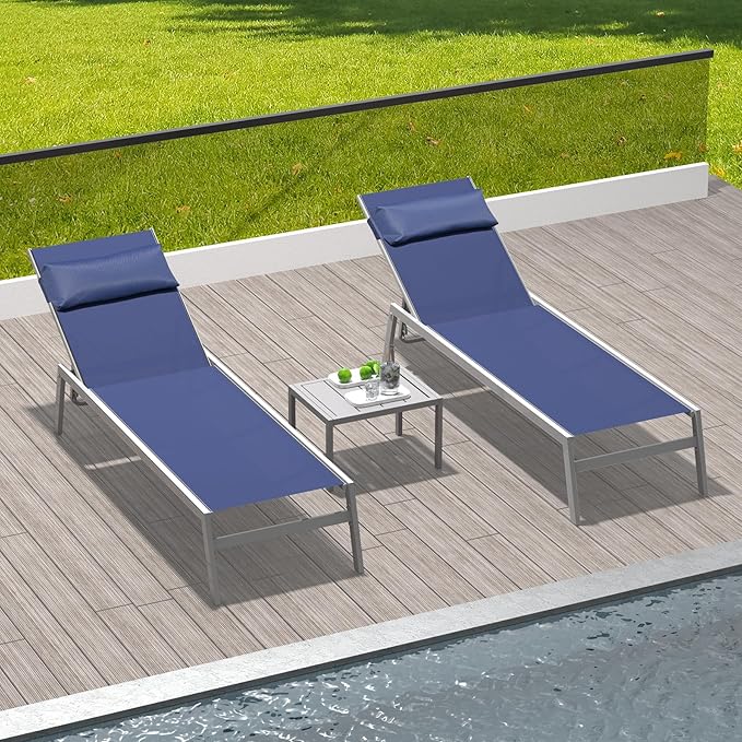 Domi Patio Chaise Lounge Set of 2 with Side Table, Aluminum Adjustable Pool Lounge Chairs - Photo 1