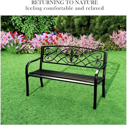 YLGJ&TIDY 50 Inches Garden Benches for Outdoor Patio Bench with Floral Pattern Backrest Armrest Weatherproof Park Benches Metal Bench for Garden Park Porch Lawn Yard (BENCH01)