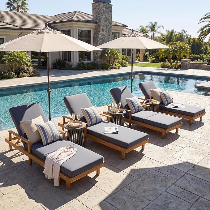 Merax Acacia Wood Outdoor Chaise Lounge Chair Set of 4, 3-Position Adjustable Backrest & 4" Thick 3-Fold Removable Cushion, 76.8" L Modern Patio Sun Lounger for Garden Pool Beach Yard, Dark-Grey+Teak