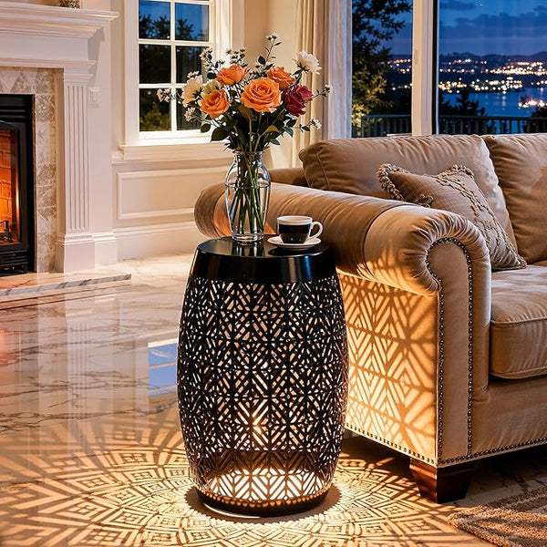 18" Cutout Metal Outdoor Side Table with 3-Mode LED Lights, Modern Decorative Drum End Table - Photo 1