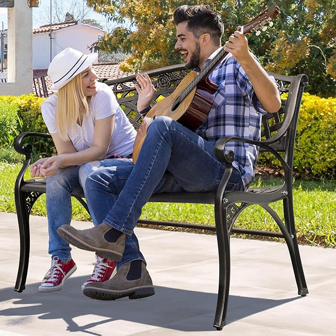 YITAHOME Cast Aluminum Outdoor Bench for 2 Persons, 39.4'' Heavy Duty Rust Free Patio Garden Bench for Front Porch Yard Lawn Entryway Deck, Park Bench, Outdoor Benches, Bronze