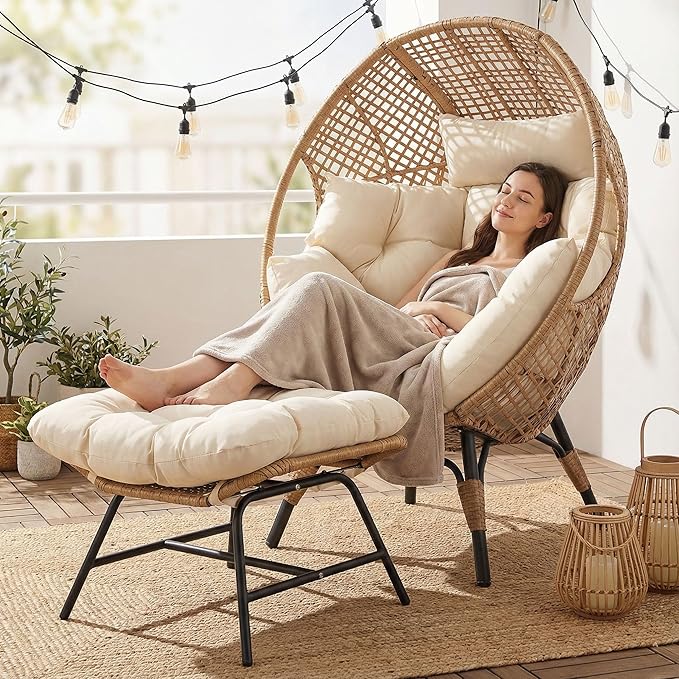 NICESOUL Wicker Egg Chair with Ottoman, Indoor Outdoor Egg Basket Lounge Chair w/Cushion - Photo 1