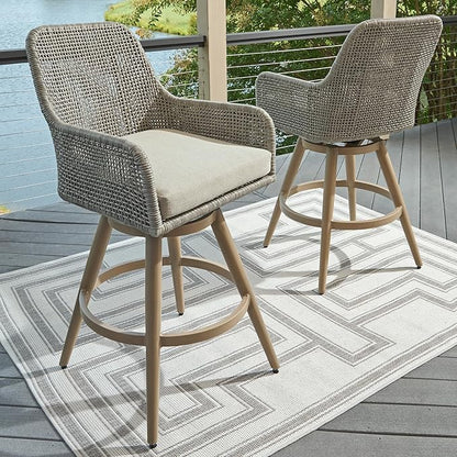 Signature Design by Ashley Seton Creek Casual Nuvella Weather Resistant Fabric, Resin Wicker Swivel Outdoor Bar Height Bar Stool with Cushion, Footrest and Armrest, Set of 2, Beige & Light Gray