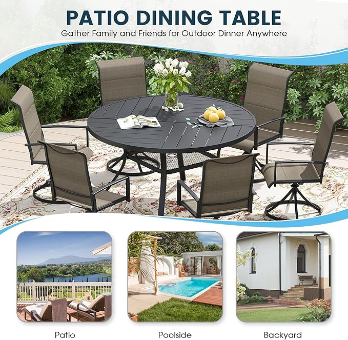 Patio Dining Table for 4-6, Round Metal Outdoor Table with Storage Shelf, 1.57" Umbrella Hole, 47" Outdoor Quartered Tabletop Dining Table for Backyard, Porch, Lawn, Black