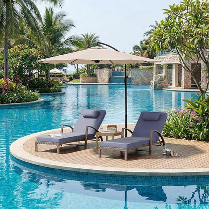 GarveeHome Outdoor Chaise Lounge Set of 2, Weather-Resistant PE Rattan Recliners with 5 Adjustable Positions, Wheels, Armrests, Cushions & Pillows, Collapsible for Poolside, Deck, Blue Cushion