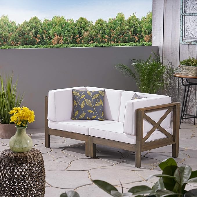 GDFStudio Outdoor Sectional Loveseat Set | 2-Seater | Acacia Wood | Water-Resistant Cushions | Gray and White - Photo 2