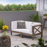 GDFStudio Outdoor Sectional Loveseat Set | 2-Seater | Acacia Wood | Water-Resistant Cushions | Gray and White - Photo 2