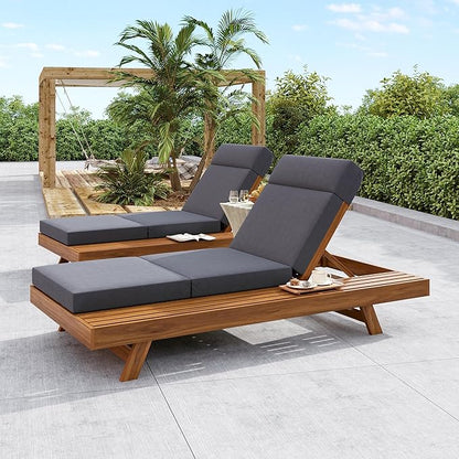 Merax Acacia Wood Chaise Lounge Chair Outdoor Set of 2, Patio Recliner with 4 Position Adjustable Backrest and 4" Thick Four-fold Cushion