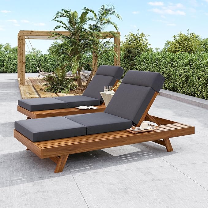 2-Piece Patio Lounge Chair Set with Side Space, Outdoor Chaise Lounge Adjustable & Breathable Acacia Wood Frame, Water-Resistant Cushions(Dark Gray & 4 Inch Thick & 4-FOLD)
