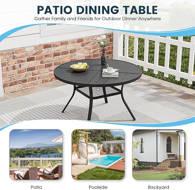 Patio Dining Table for 4, Round Metal Outdoor Table with Storage Shelf, 1.57" Umbrella Hole, 41" Outdoor Quartered Tabletop Dining Table for Backyard, Porch, Lawn, Black