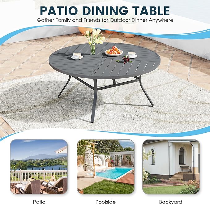 Patio Dining Table for 8-10, Round Metal Outdoor Table with Storage Shelf, 1.57" Umbrella Hole, 60" Outdoor Quartered Tabletop Dining Table for Backyard, Porch, Lawn, Dark Grey