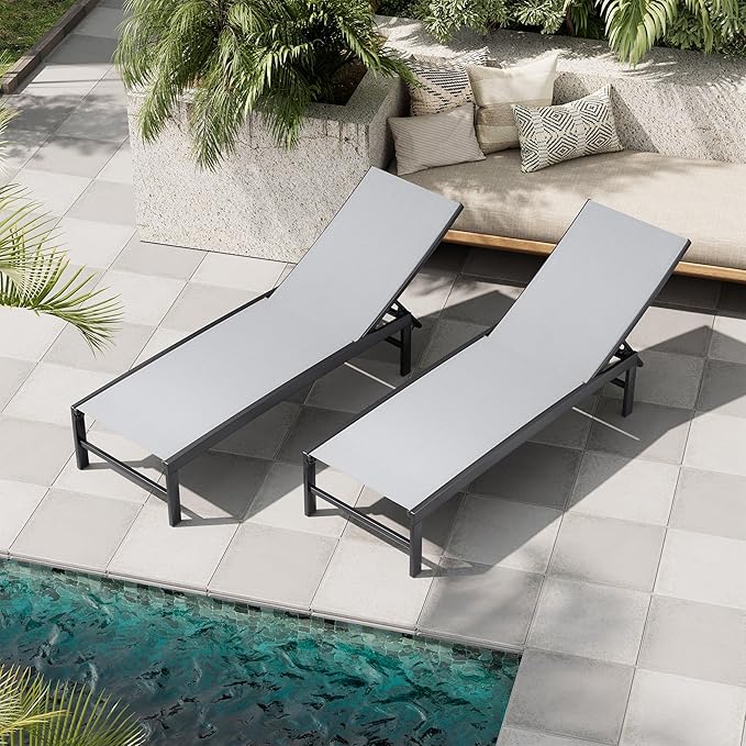 Crestlive Products Chaise Lounge Chair Outdoor Set of 4, Adjustable 5 Positions Pool Lounge Chairs, Metal Tanning Recliner, Outdoor Furniture All Weather for Patio, Beach, Yard, Pool(Light Grey)