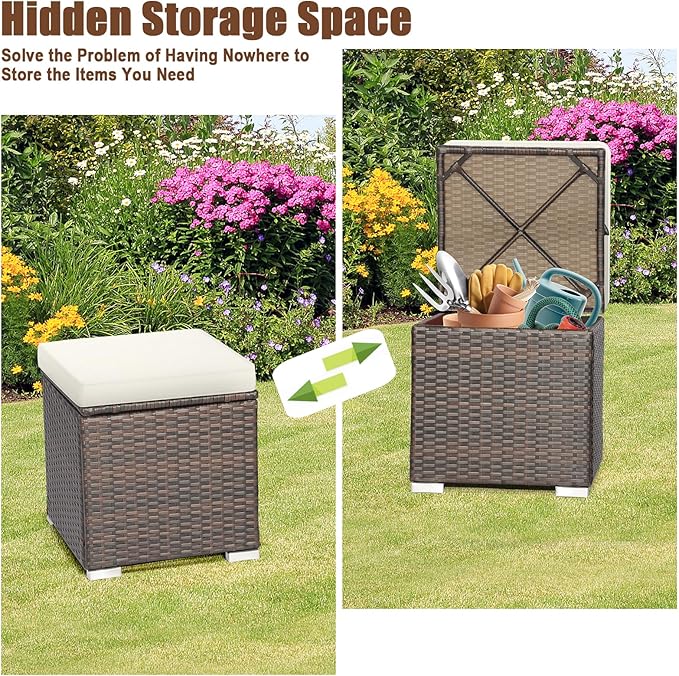 RELAX4LIFE Wicker Outdoor Storage Ottoman, 2-Piece Rattan Footstool w/Removable Cushion - Photo 5