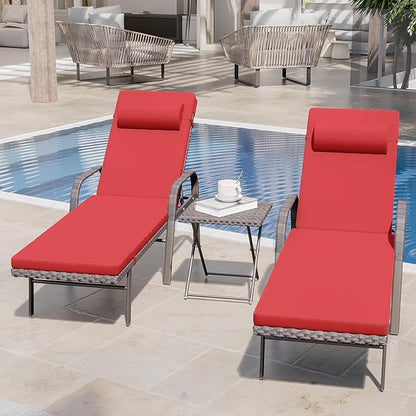 3 Pieces Patio Chaise Lounge Set Outdoor PE Rattan Armrest Lounge Chair Adjustable Backrest Reclining Chair with Folding Table and Cushion for Patio Poolside Backyard Porch Beach(Red)