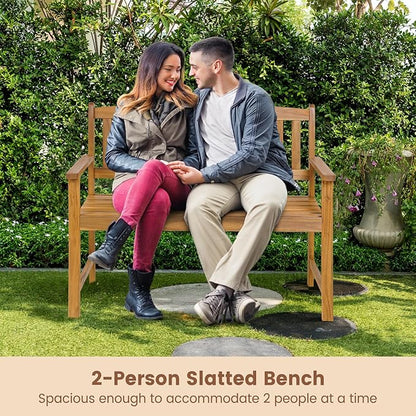 HAPPYGRILL Patio Wood Bench with Ergonomic Backrest & Armrest, 2-Person Outdoor Bench, All-Weather Acacia Wood Frame, Loveseat Outside Bench for Garden Balcony Poolside Porch Deck