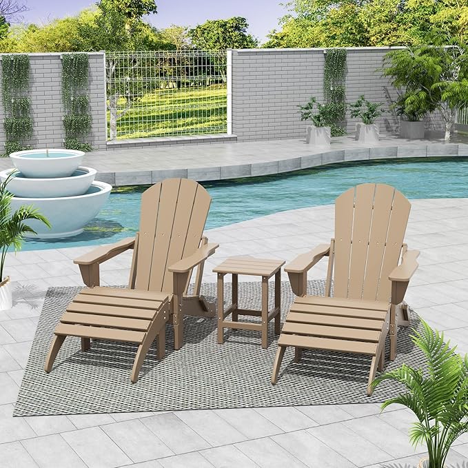 WestinTrends Malibu Outdoor Lounge Chairs Set, 5-Pieces Adirondack Chair Set of 2 with Ottoman and Side Table, All Weather Poly Lumber Patio Lawn Folding Chair for Outside, Weathered Wood