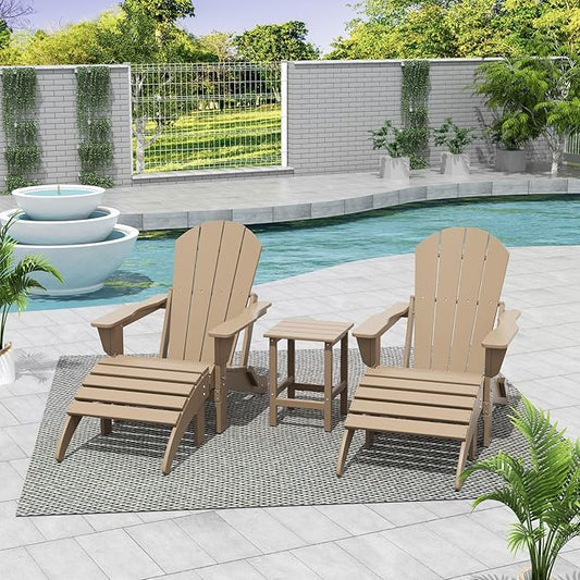 WestinTrends Malibu Outdoor Lounge Chairs Set, 5-Pieces Adirondack Chair Set of 2 with Ottoman and Side Table, All Weather Poly Lumber Patio Lawn Folding Chair for Outside, Weathered Wood
