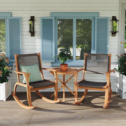 Merax 2-Piece Patio Rocking Chair Set, Acacia Wood Outdoor Rockers with PE Wicker Rattan Seat & Backrest, Comfortable Garden Porch Chairs for Backyard, Balcony, Poolside